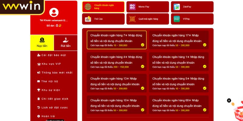 Nạp tiền VVVWIN qua ngân hàng
